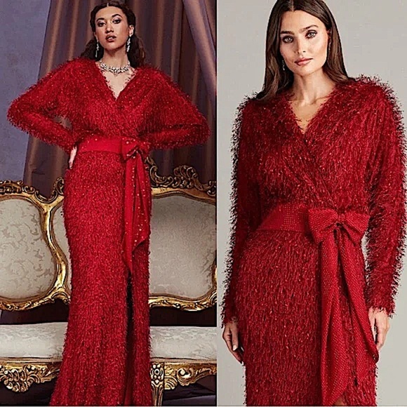 Tadashi Shoji Beta Red Eyelash Yarn Bow Floor Length Gown Like New